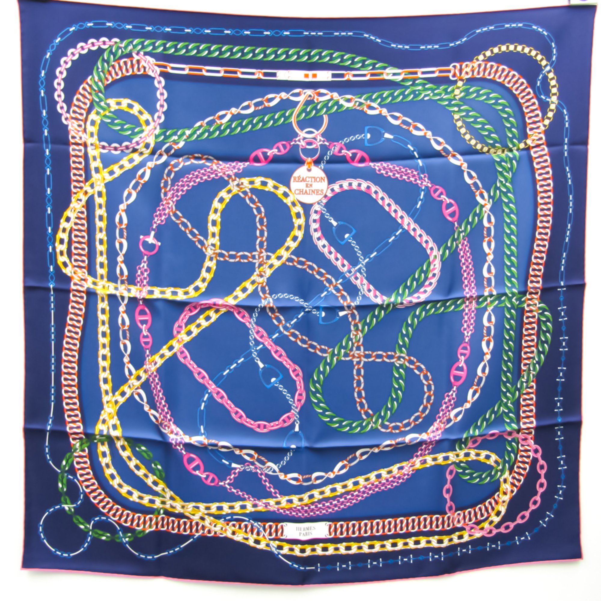 Hermes Carre 90 Reaction En Chaines Women's Silk Scarf Multi-Color,Navy,Pink